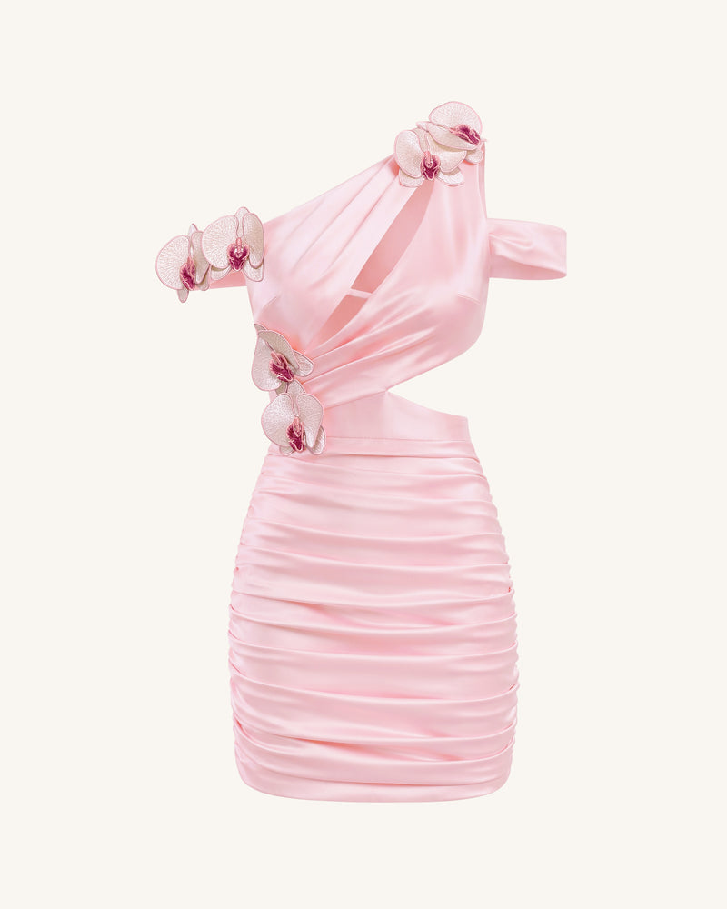 Orchid Embroidered Cutout Ruched Mini Dress - Blush Pink