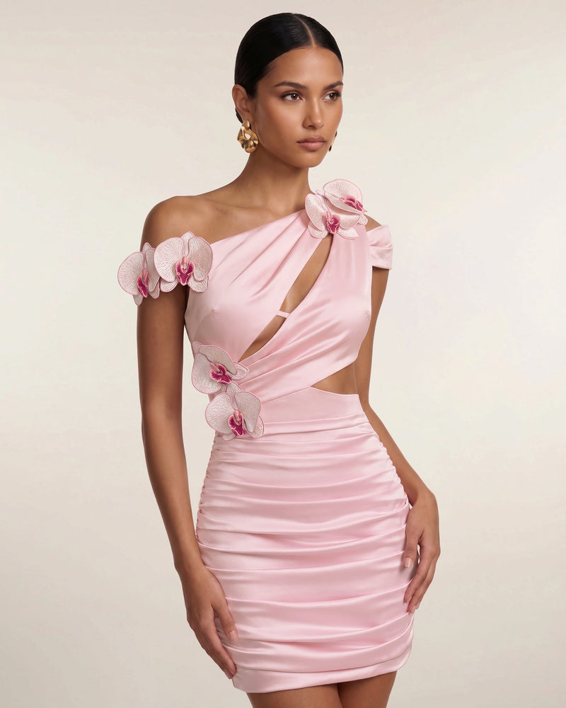 Orchid Embroidered Cutout Ruched Mini Dress - Blush Pink