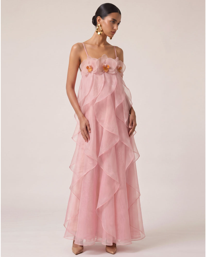 Orchid Embroidered Organza Maxi Dress - Blush Pink