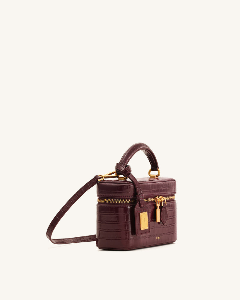 Cleo Box Shape Top Handle Bag - Claret Croc