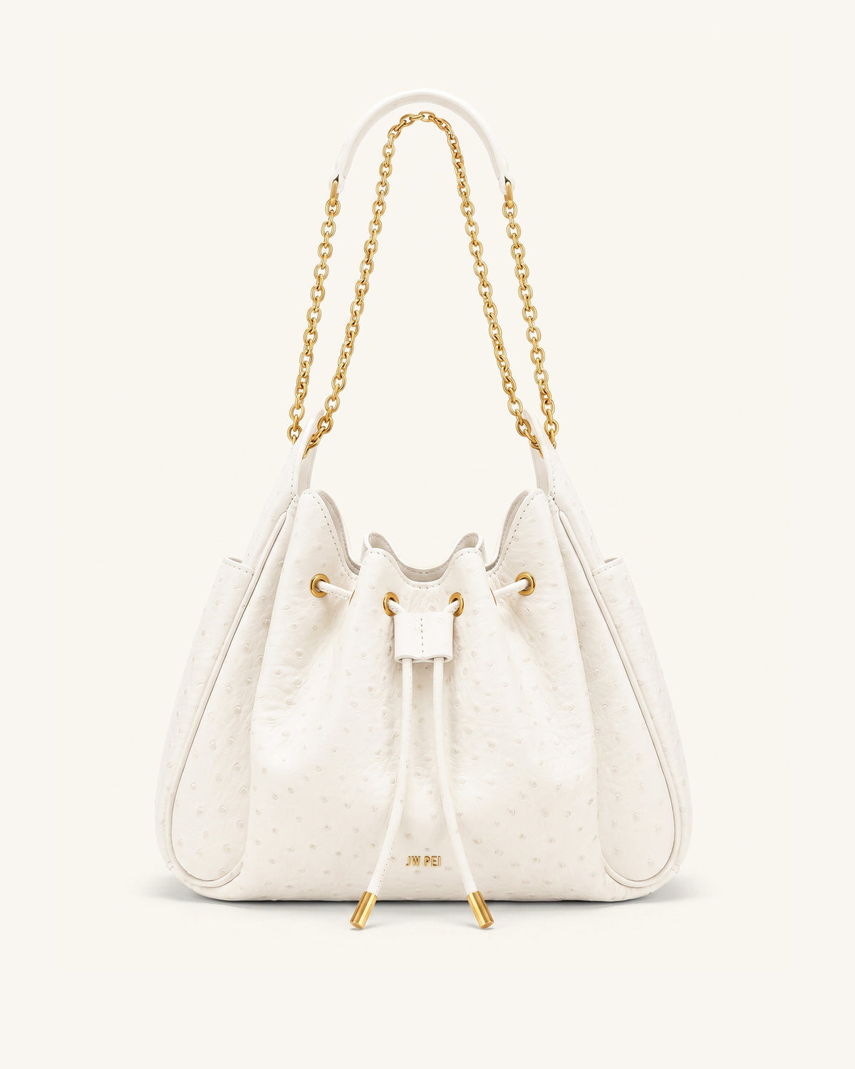 Rowan Faux Ostrich Grain Ruched Drawstring Chain Bucket Bag - Cream White