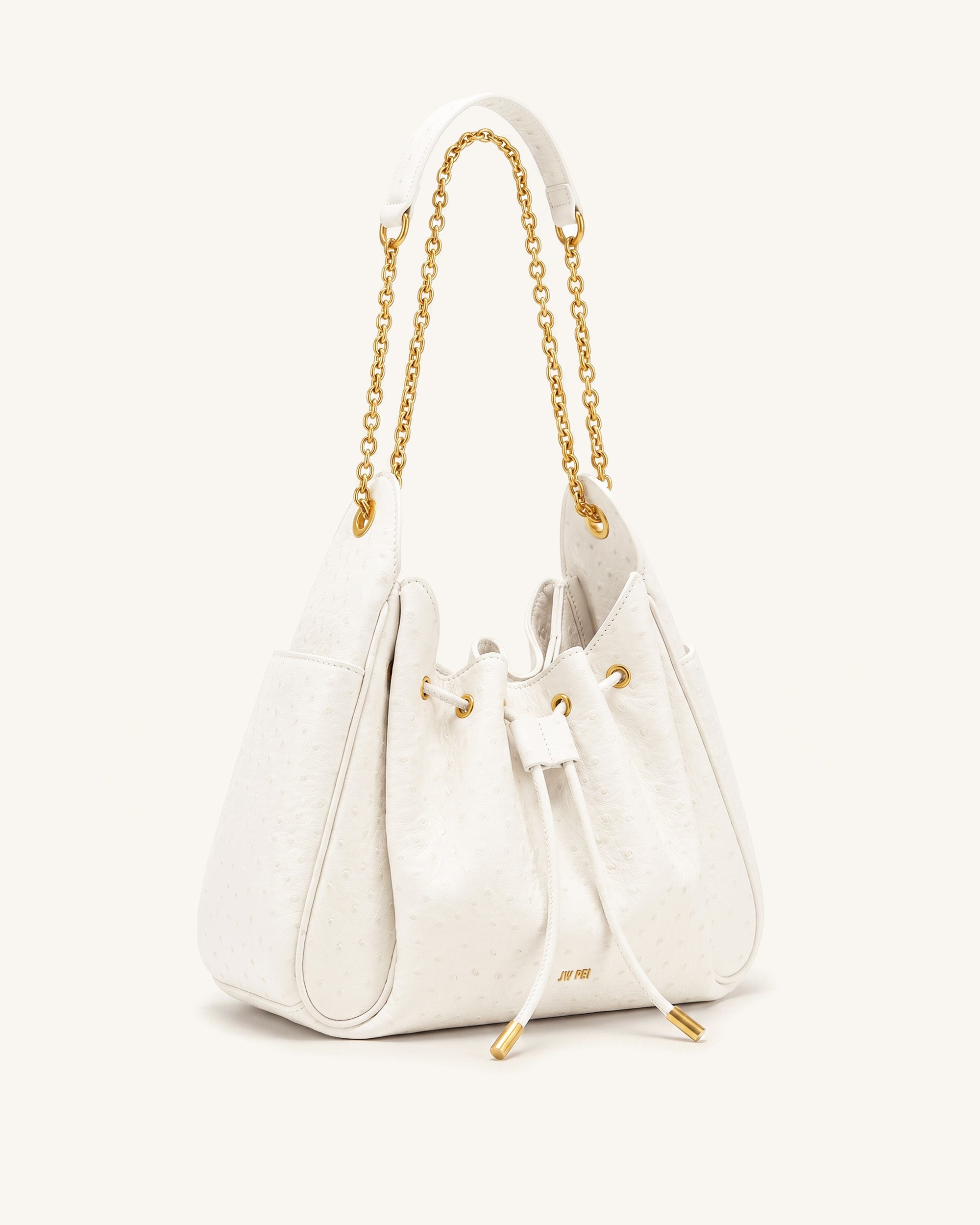 Rowan Faux Ostrich Grain Ruched Drawstring Chain Bucket Bag