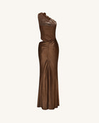 Floral One Shoulder Satin Dress - Brown