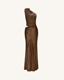 Floral One Shoulder Satin Dress - Brown