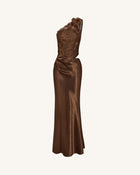 Floral One Shoulder Satin Dress - Brown