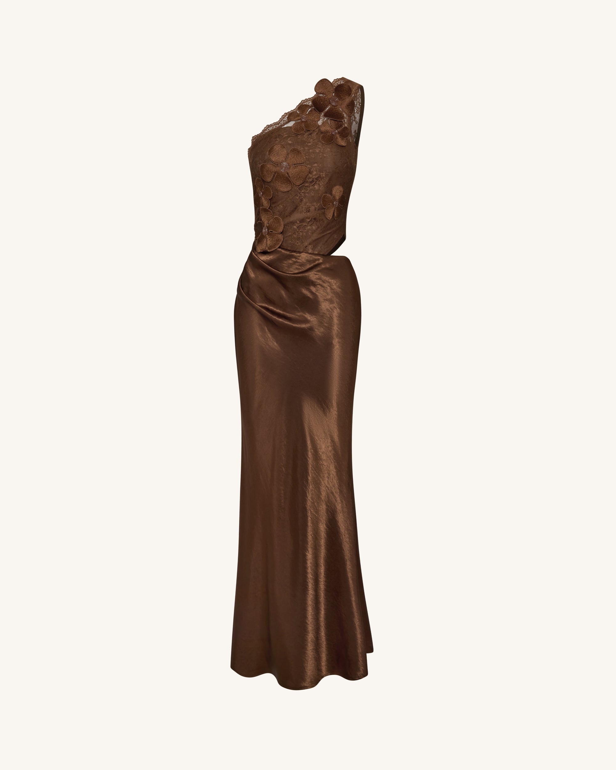 Floral One Shoulder Satin Dress - Brown