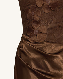 Floral One Shoulder Satin Dress - Brown