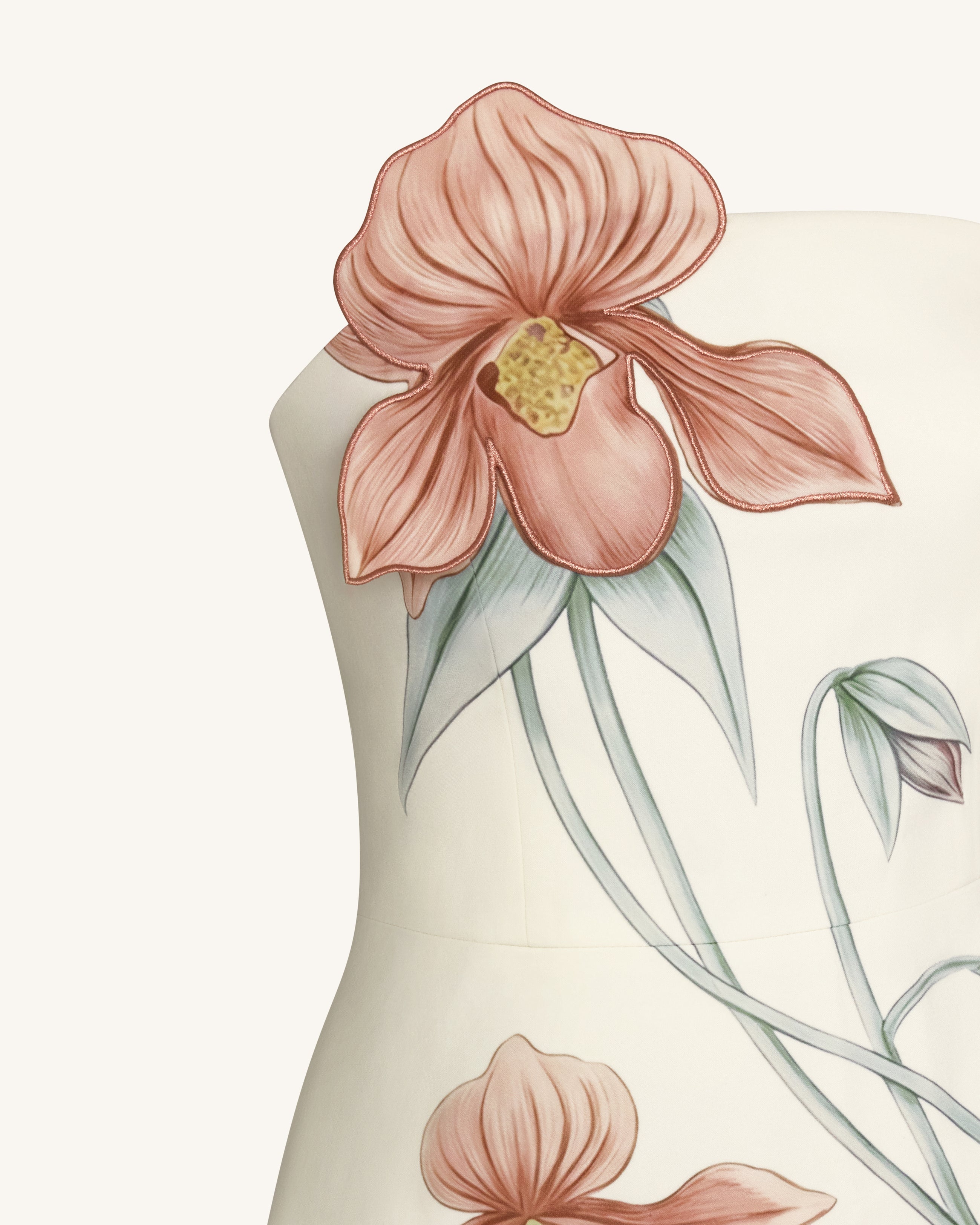 Slipper Orchid Appliqué Mini Dress - Ivory/Peach Pink