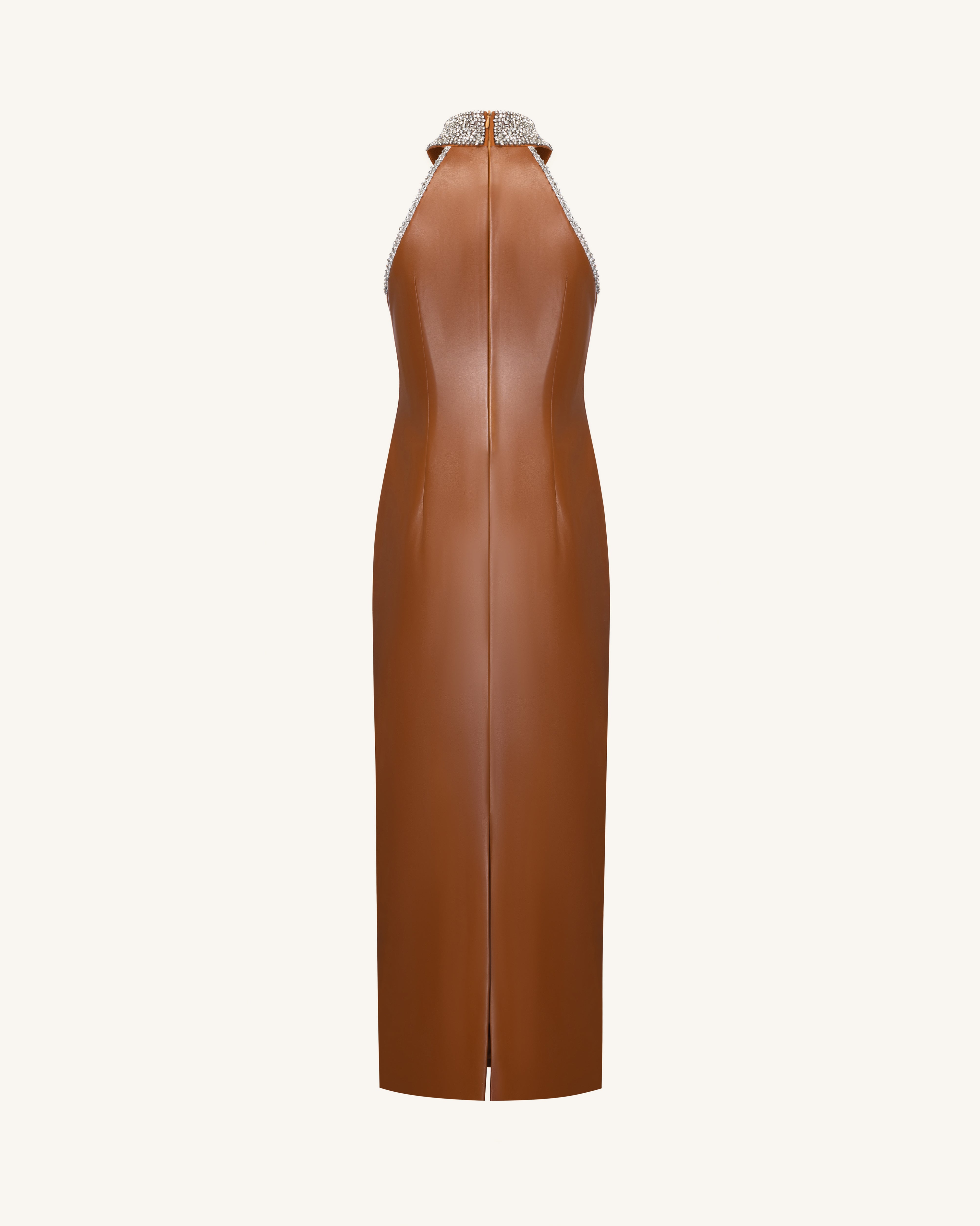 Jeweled High Neck Halter Maxi Dress - Caramel Brown | JW PEI