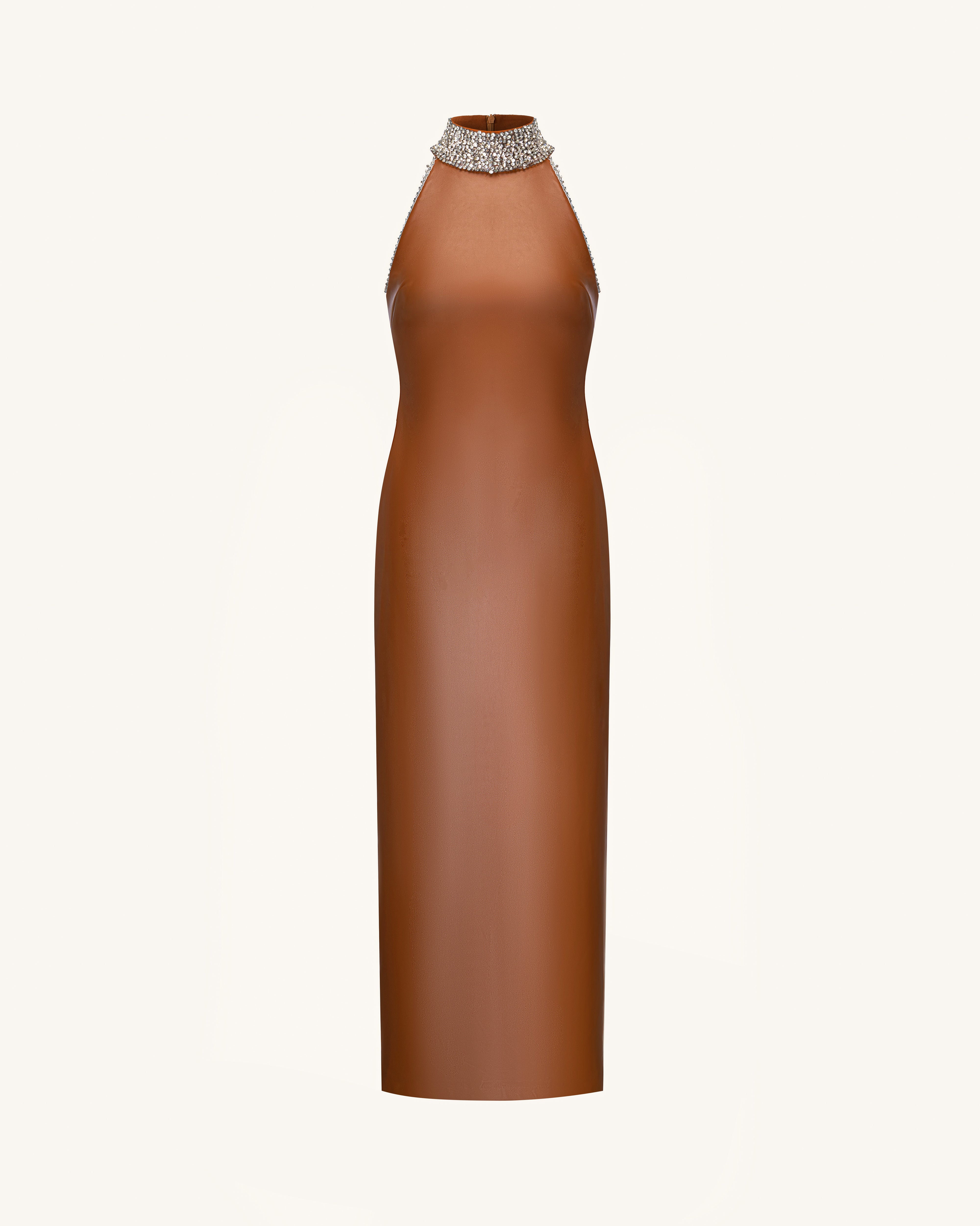 Jeweled High Neck Halter Maxi Dress - Caramel Brown | JW PEI