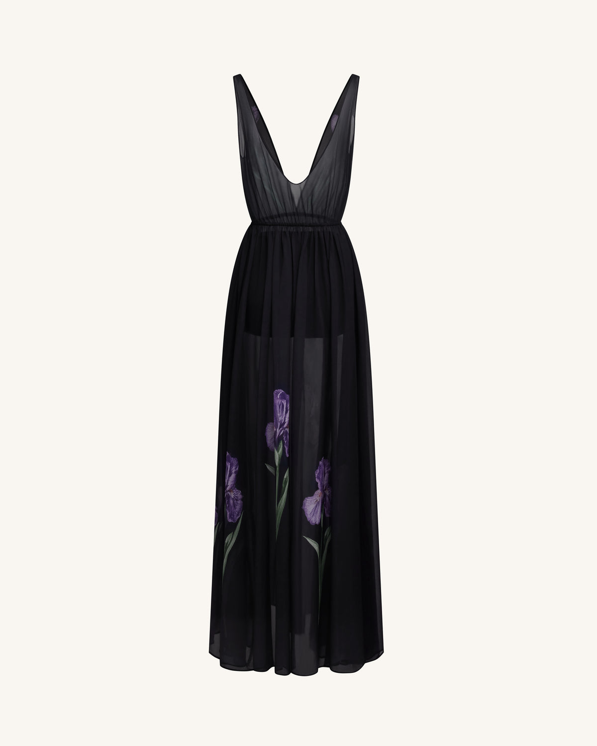 Sheer Floral Print Maxi Dress - Black