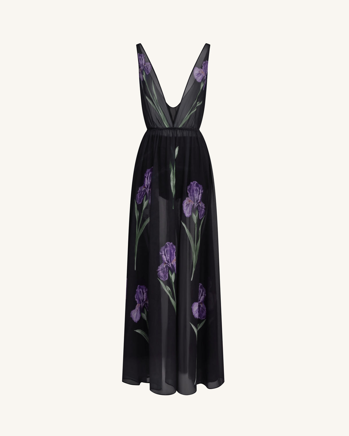 Sheer Floral Print Maxi Dress - Black
