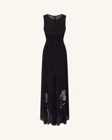 Sheer Floral Print Paneled Maxi Dress - Black