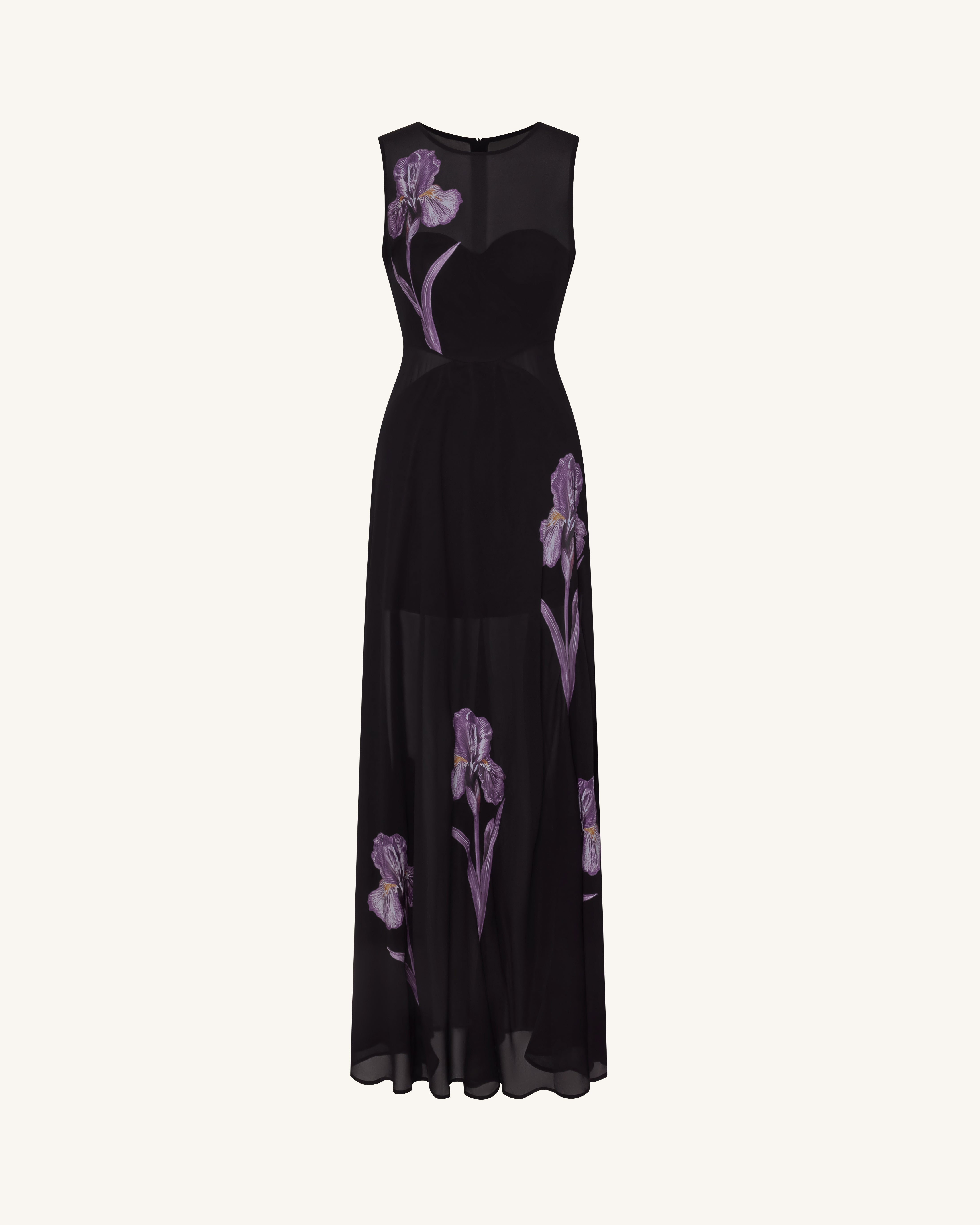 Sheer Floral Print Paneled Maxi Dress - Black | JW PEI