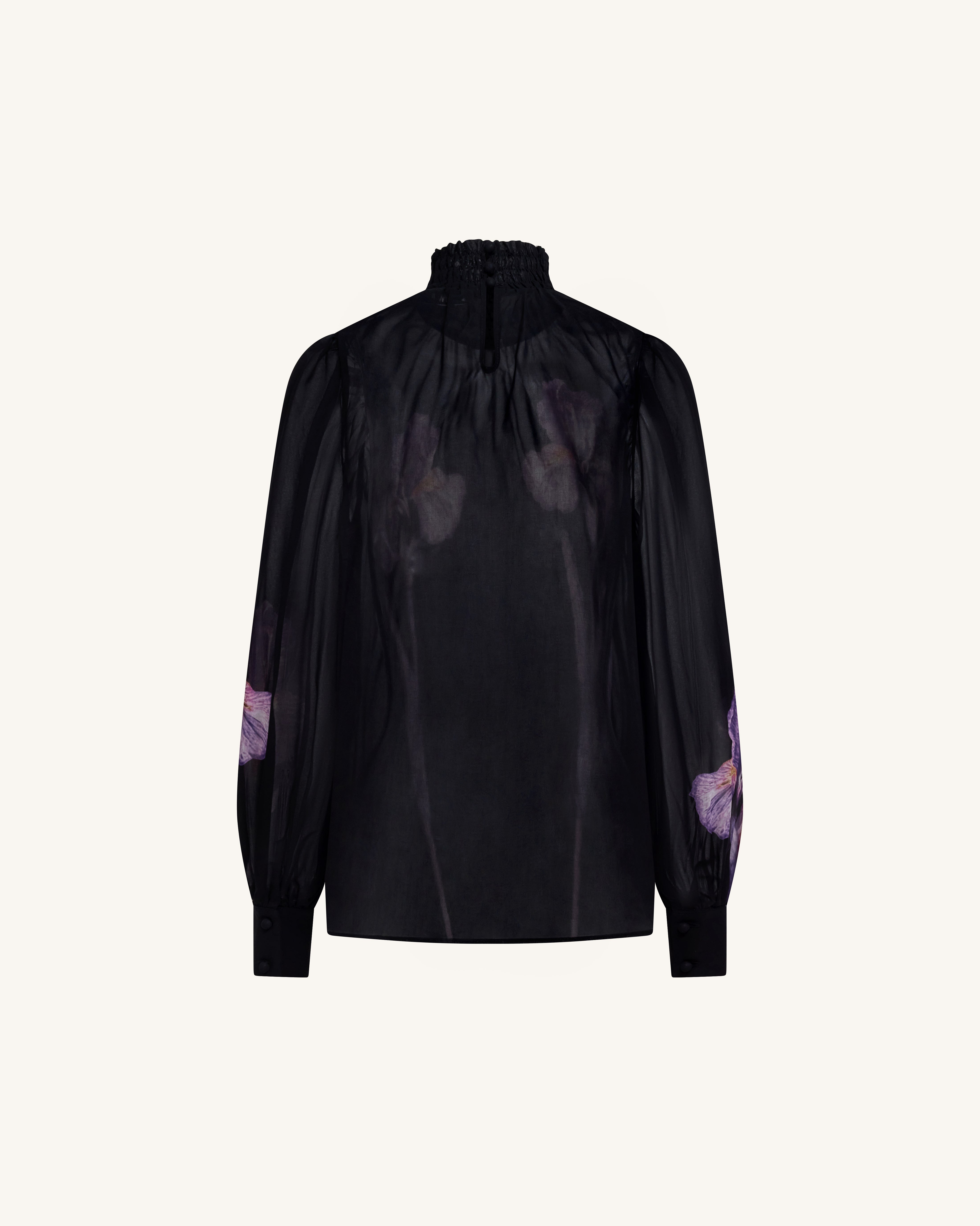 Iris Print Sheer High Neck Blouse - Black/Purple | JW PEI