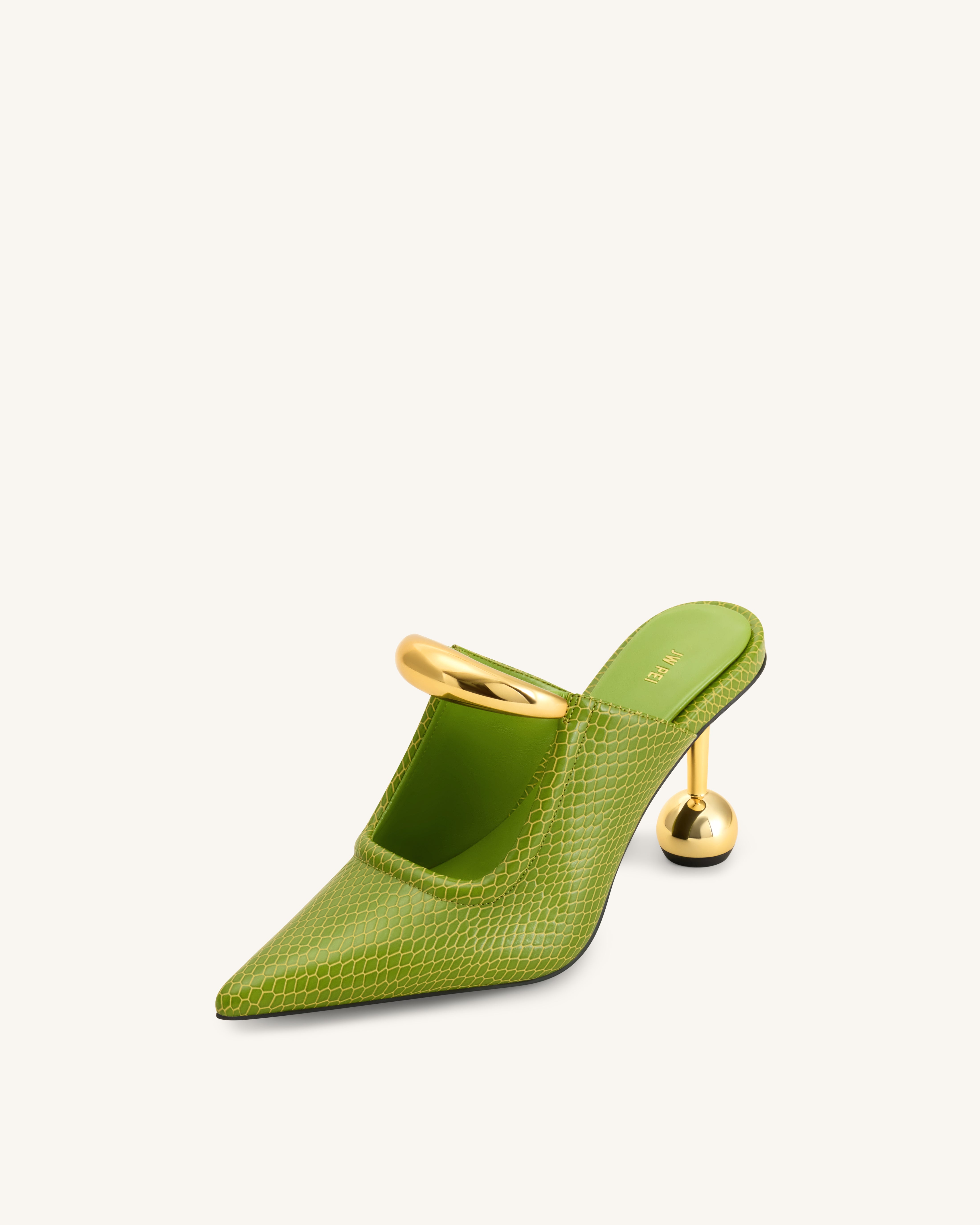 Sofia Metal Accent Sphere Heel Mules - Green | JW PEI