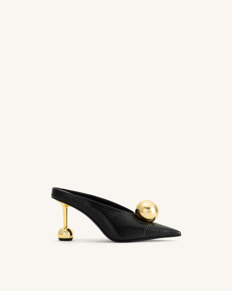 Sofia Angled Vamp Snakeskin Heel Mules - Black