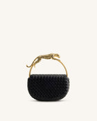 Ione Leopard Shaped Hardware Handle Woven Top Handle Bag - Black