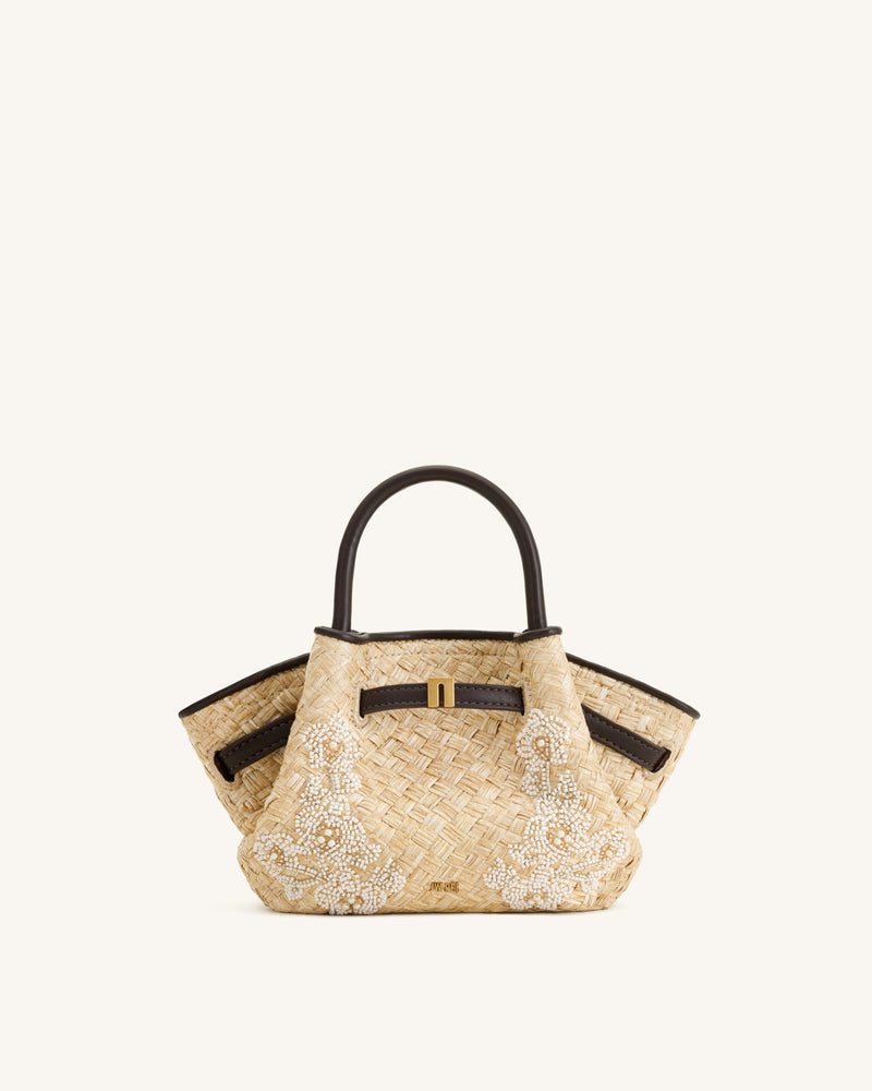Hana Mini Faux Straw Beading Tote Bag - Brown
