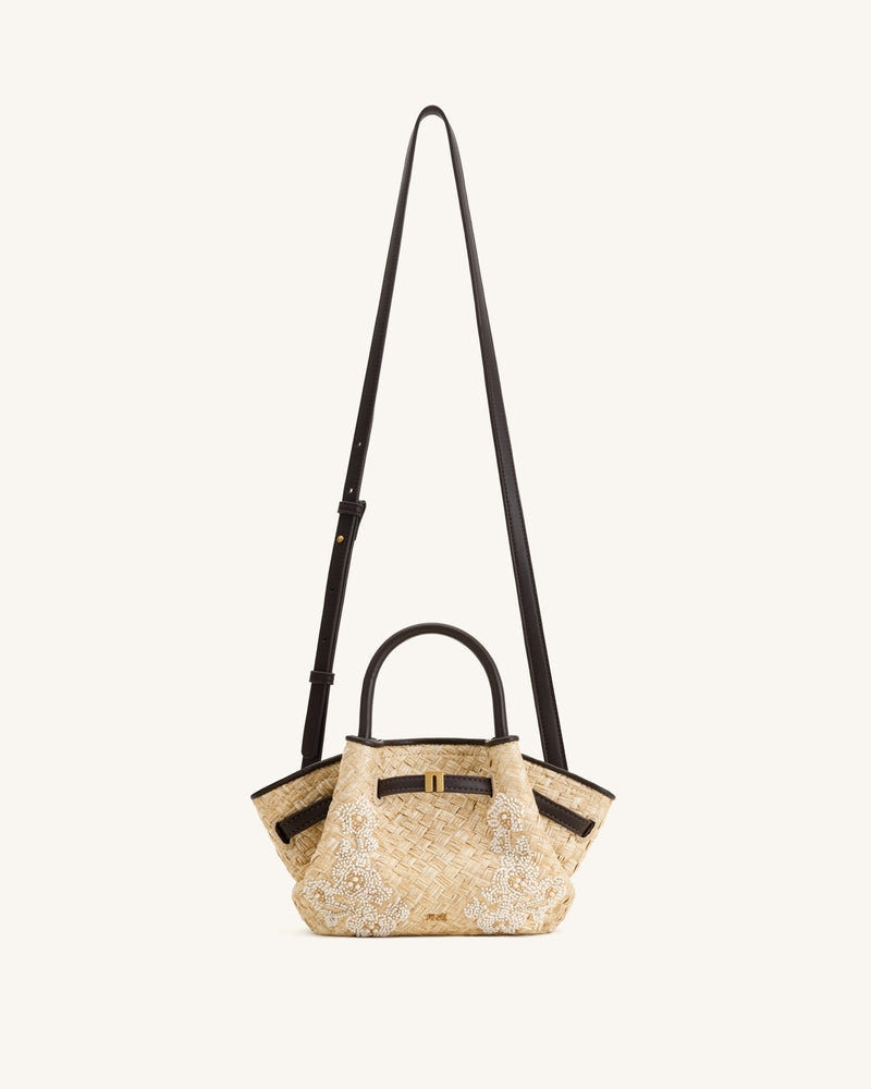 Hana Mini Faux Straw Beading Tote Bag - Brown