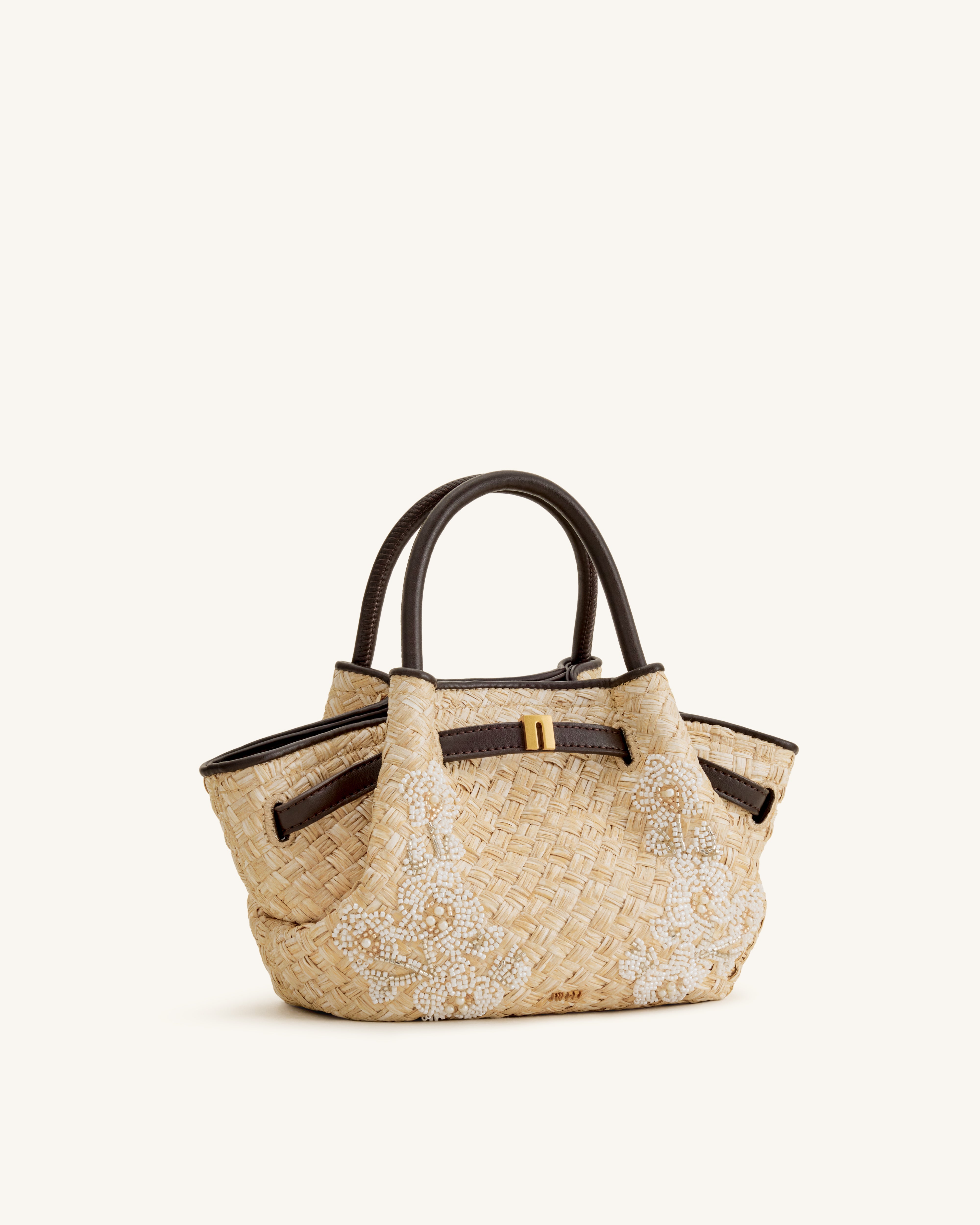 Hana Mini Faux Straw Beading Tote Bag - Brown | JW PEI