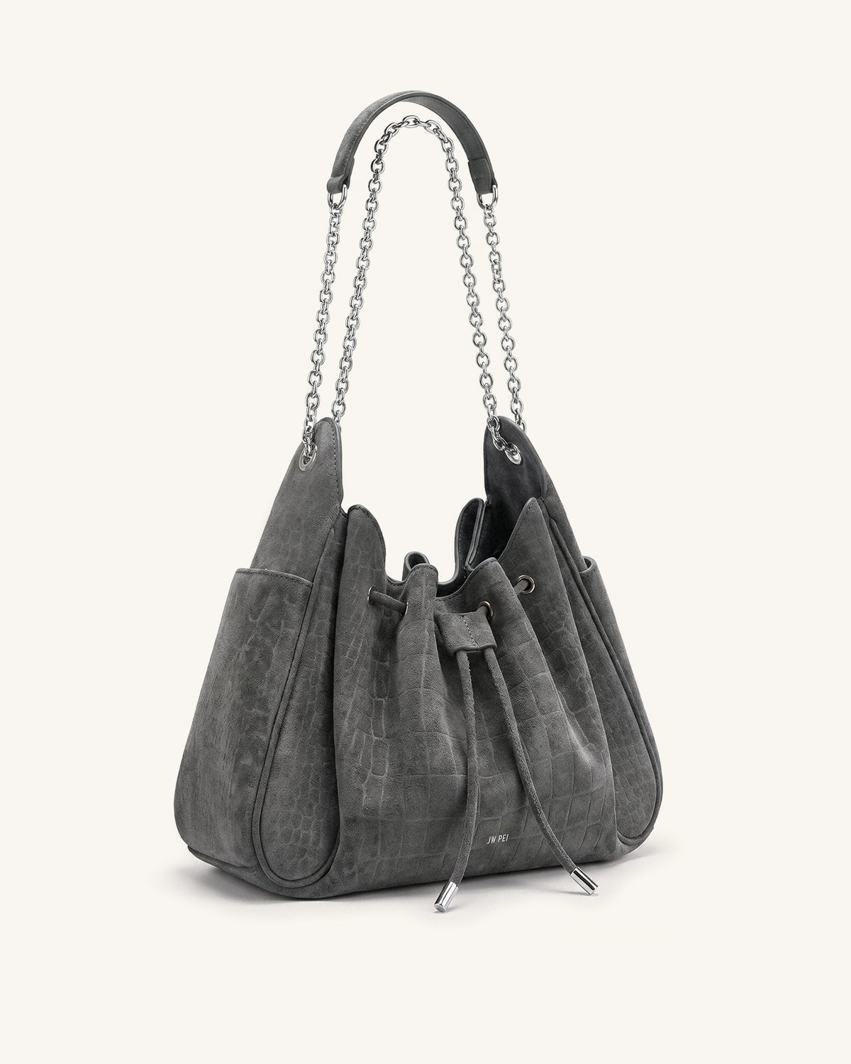 Rowan Faux Suede Drawstring Chain Bucket Bag - Smog Gray Croc
