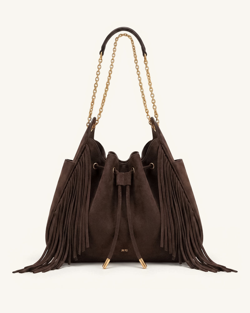 Rowan Faux Suede Tassel Ruched Drawstring Chain Bucket Bag - Amber Brown