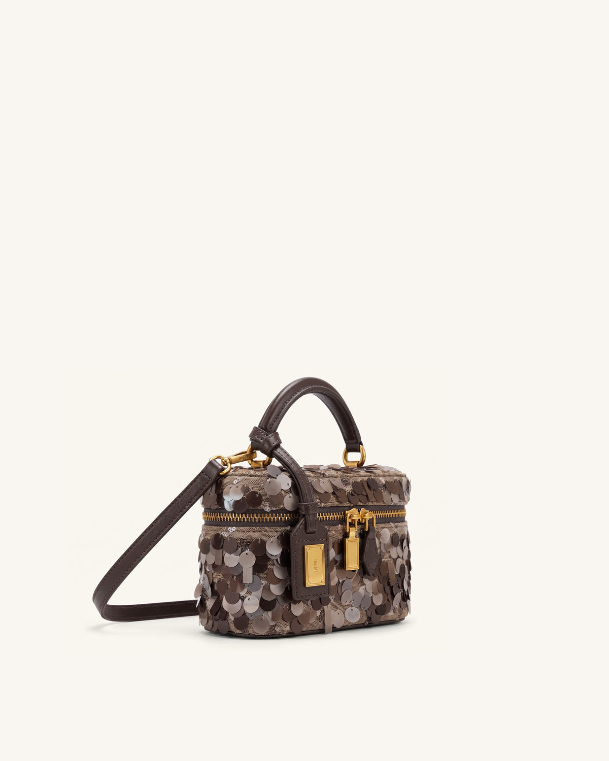 Cleo Metallic Sequin Box Shape Top Handle Bag - Brown