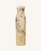 Iris Print Strapless Satin Slit Maxi Dress - Soft Yellow