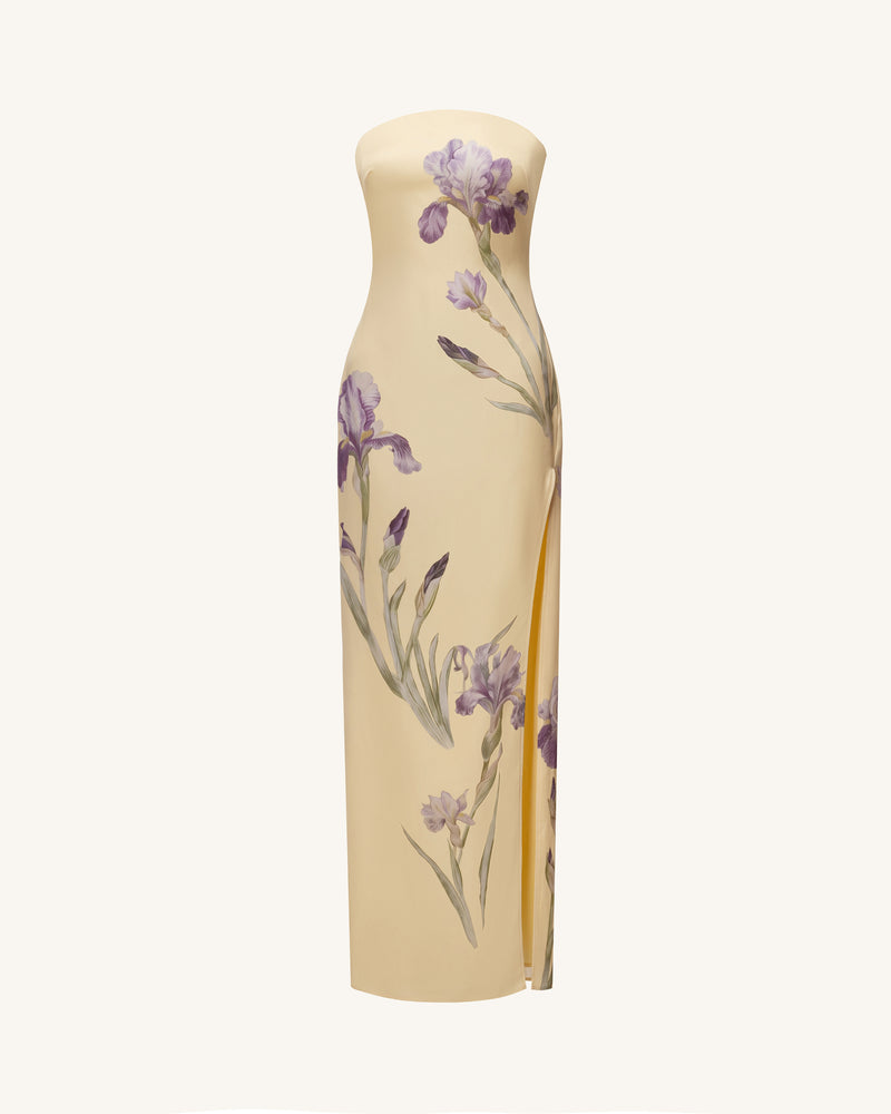 Iris Print Strapless Satin Slit Maxi Dress - Soft Yellow