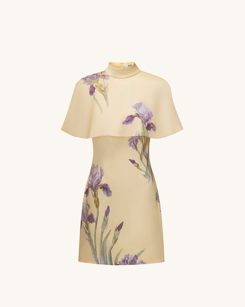 Iris Print Cape Overlay Mini Dress - Soft Yellow