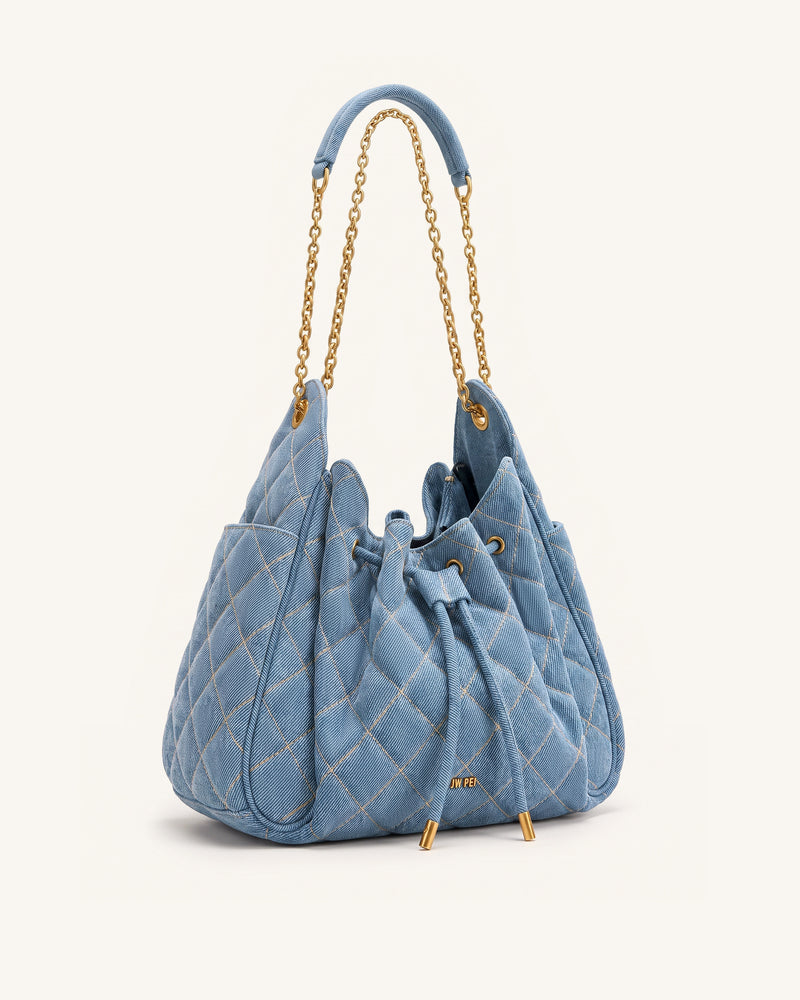 Rowan Ruched Quilting Drawstring Chain Bucket Bag - Blue Denim