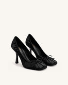 Solenne Satin Bow Ruched Pumps - Black