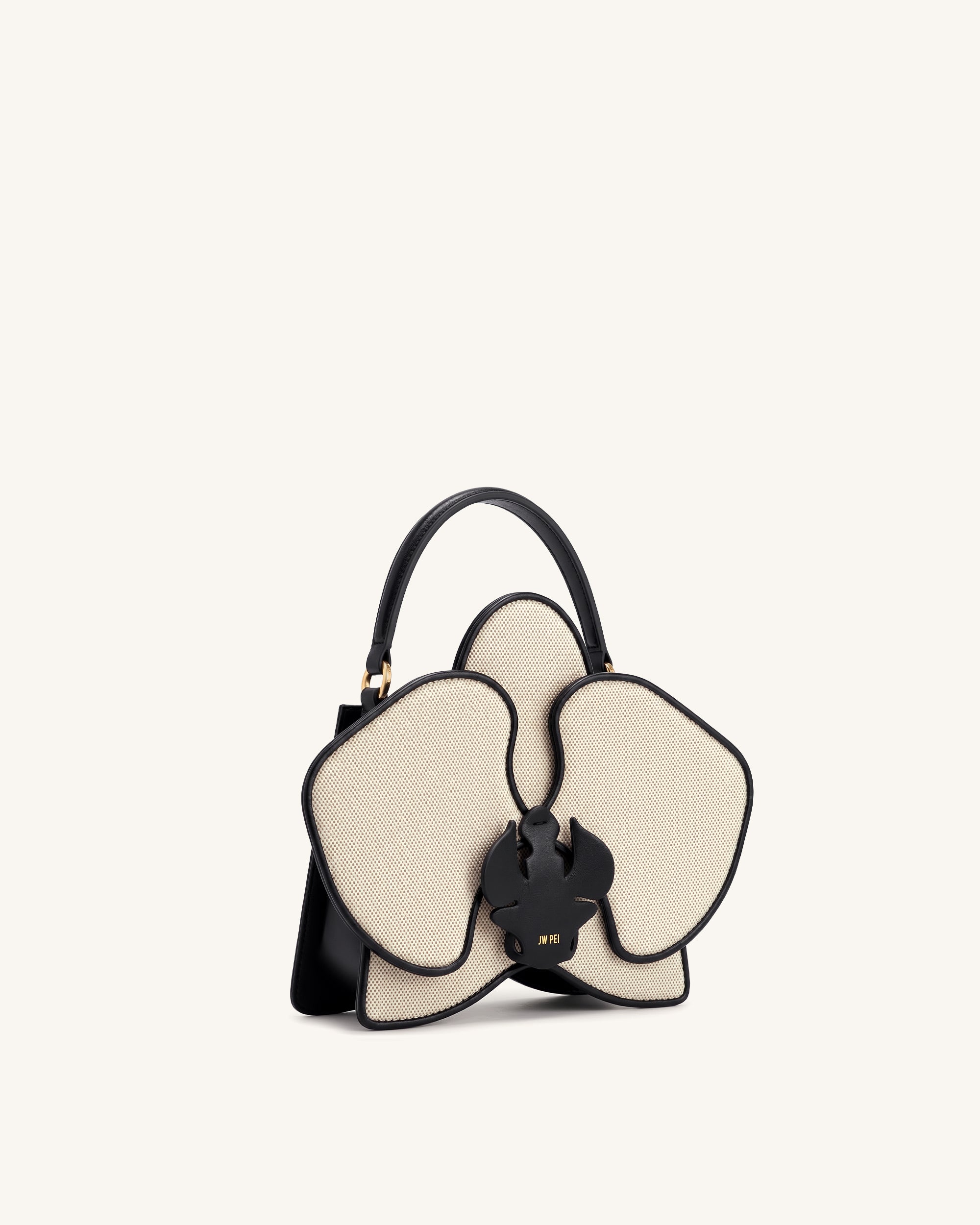 Flora Orchid Shaped Top Handle Bag - Black White Canvas | JW PEI