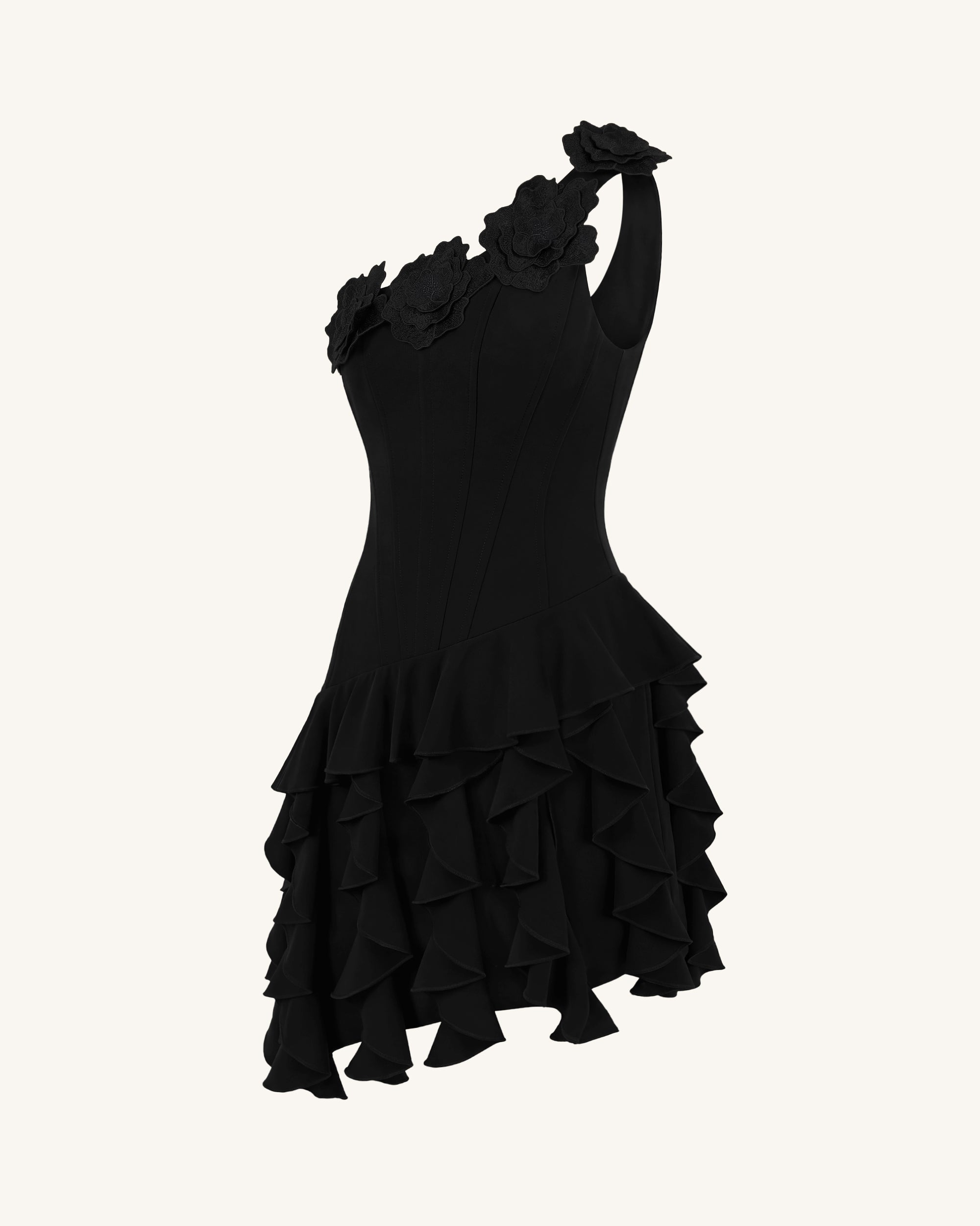 Flower Embroidered One-Shoulder Corset Mini Dress - Black | JW PEI