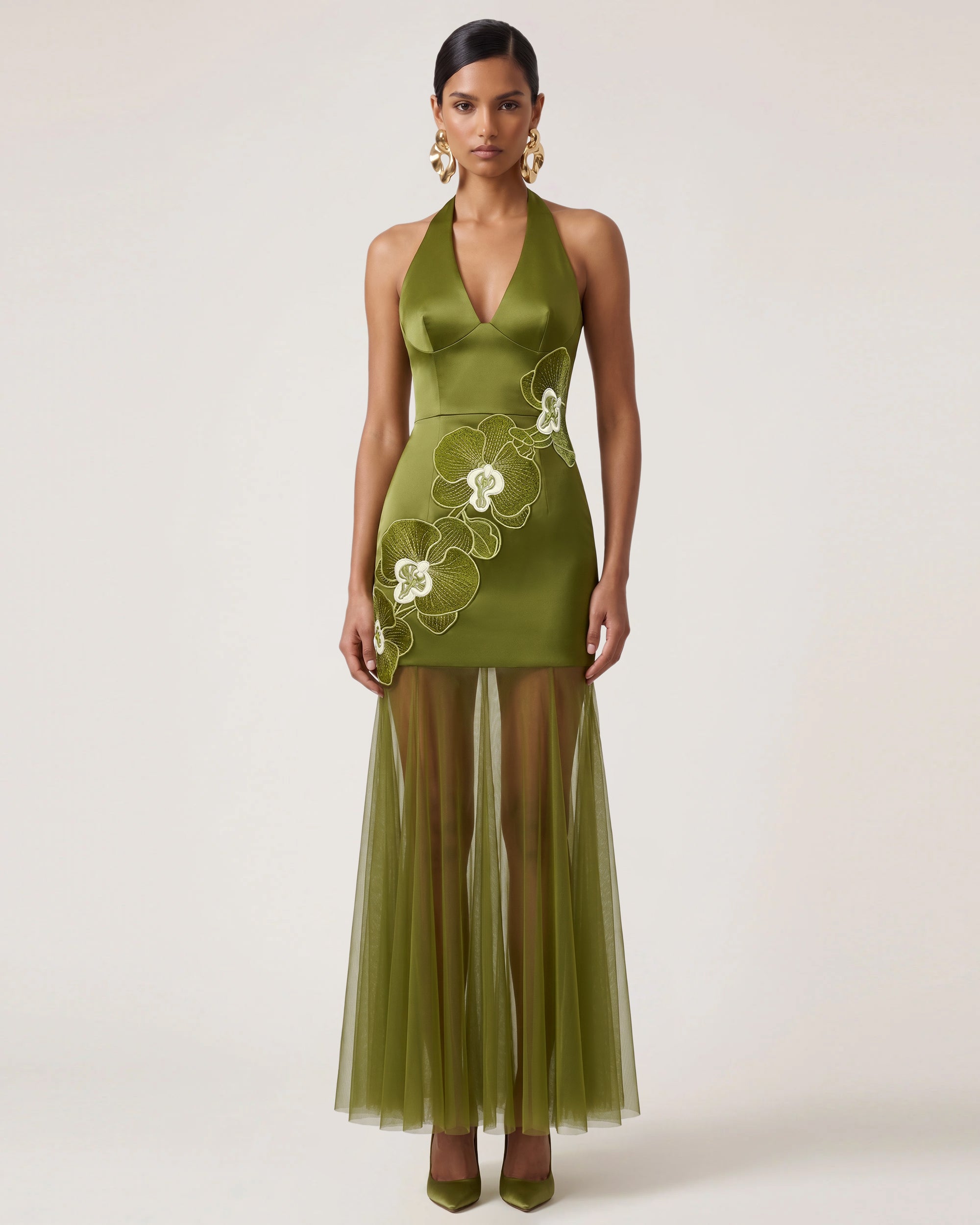 Orchid Embroidered Sheer Hem Halter Maxi Dress - Olive | JW PEI