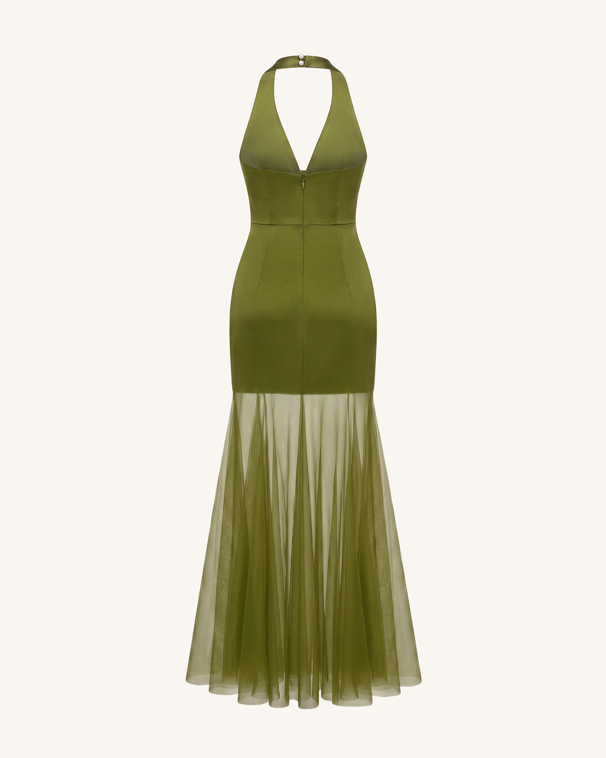 Orchid Embroidered Sheer Hem Halter Maxi Dress - Olive | JW PEI