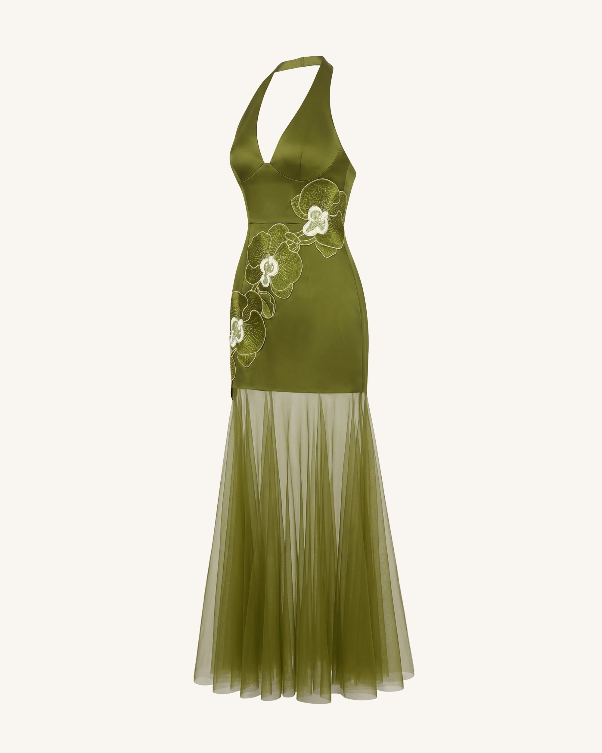 Orchid Embroidered Sheer Hem Halter Maxi Dress - Olive | JW PEI