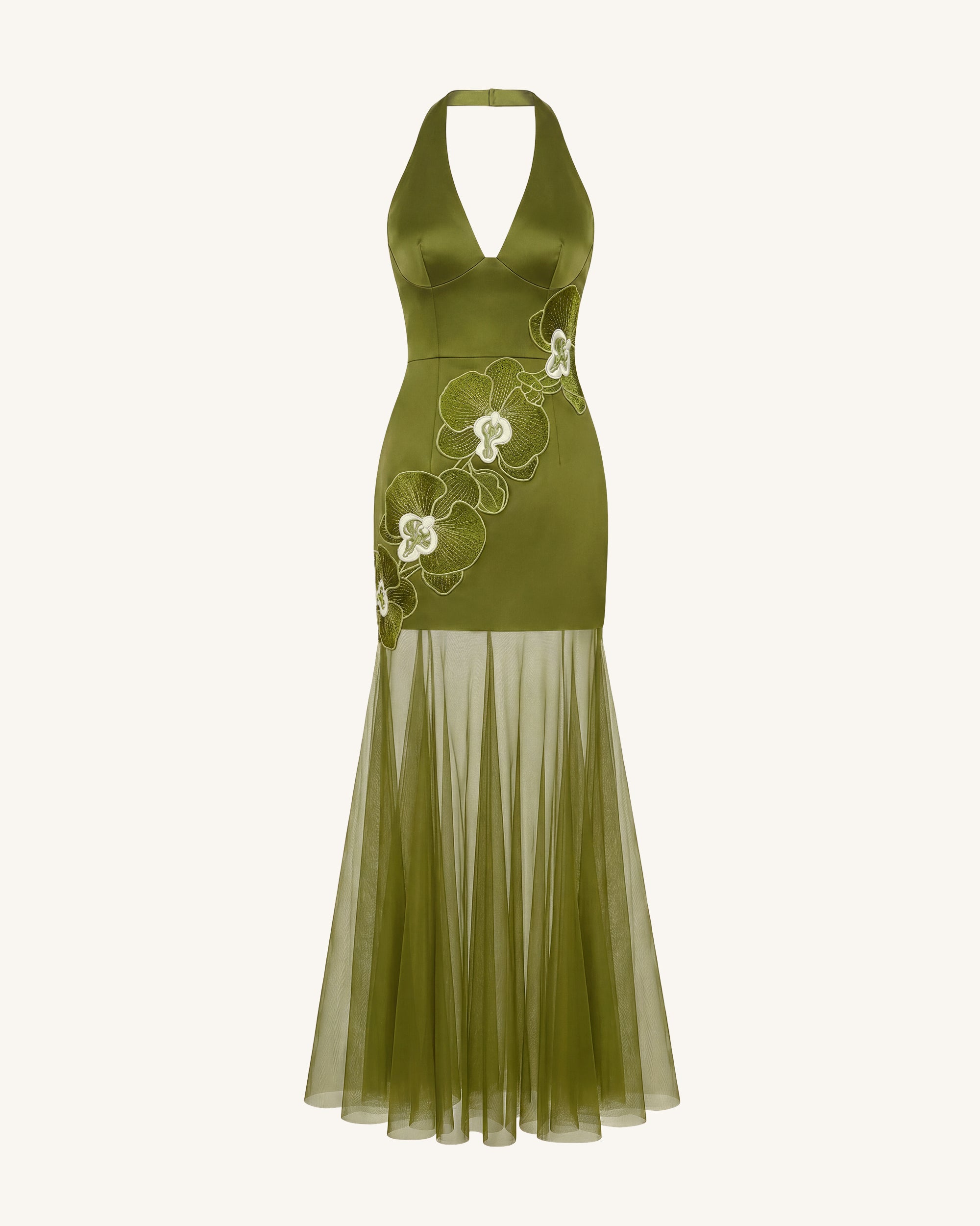 Orchid Embroidered Sheer Hem Halter Maxi Dress - Olive | JW PEI