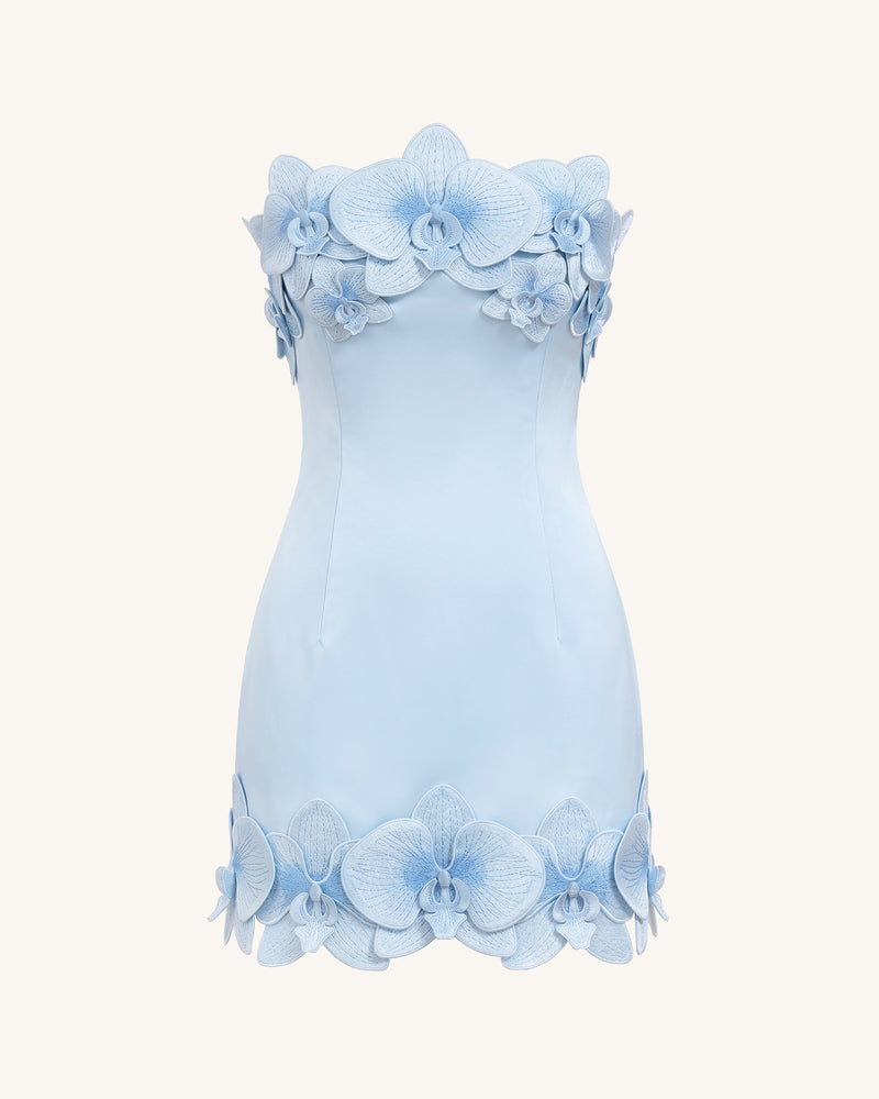 Orchid Trim Strapless Mini Dress - Blue