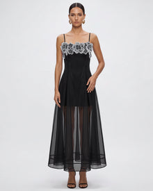 Floral Embroidered Sheer Layered Maxi Dress - Black