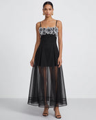 Floral Embroidered Sheer Layered Maxi Dress - Black