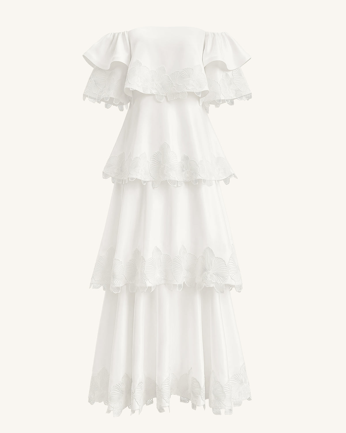 off shoulder white flowy dress Orchid Embroidered Tiered Off-Shoulder Maxi - 8 The SANDRINE Off Shoulder