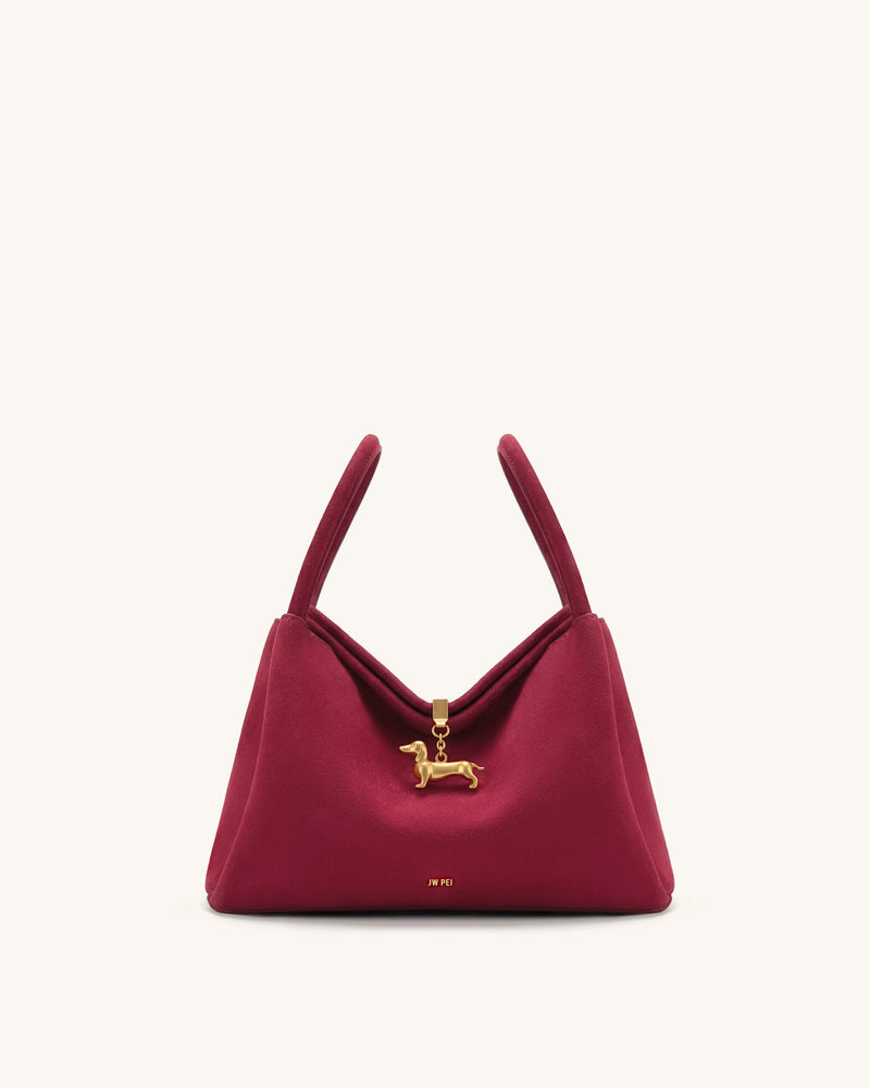 Maelle Faux Suede Dachshund Charm Double Handle Bag - Burgundy