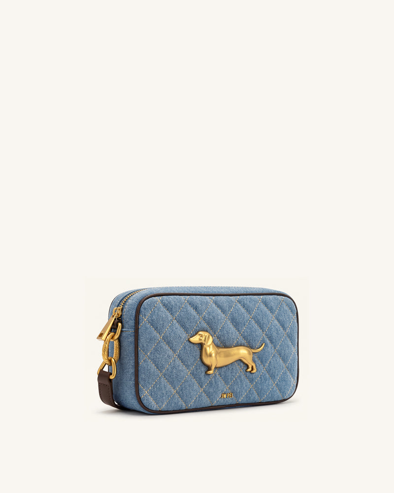 Riley Dachshund Quilted Shoulder Bag - Light Blue Denim