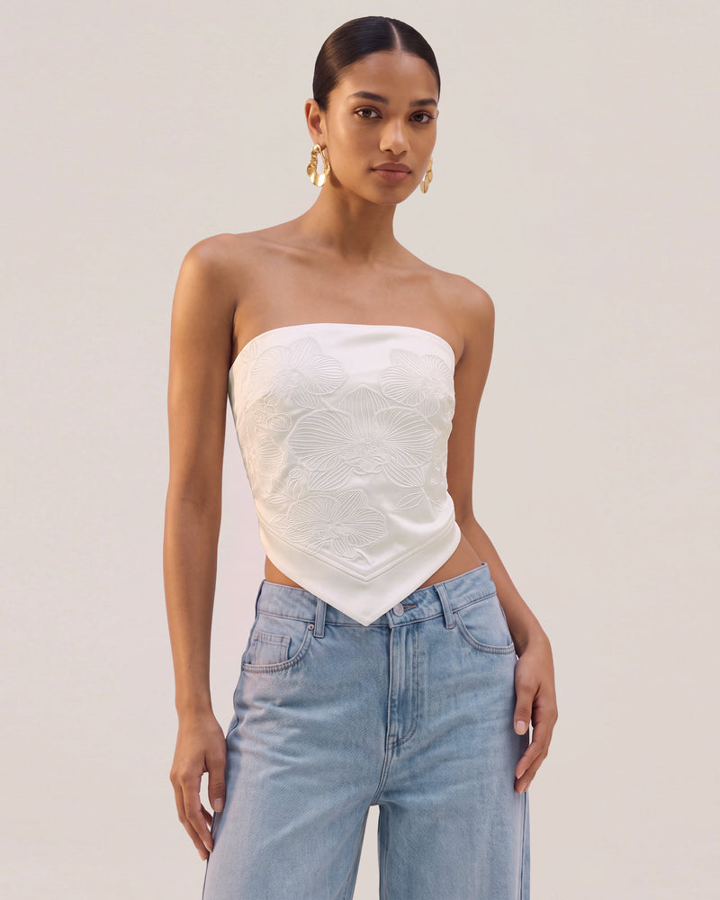 Orchid Embroidered Strapless Handkerchief Top - White
