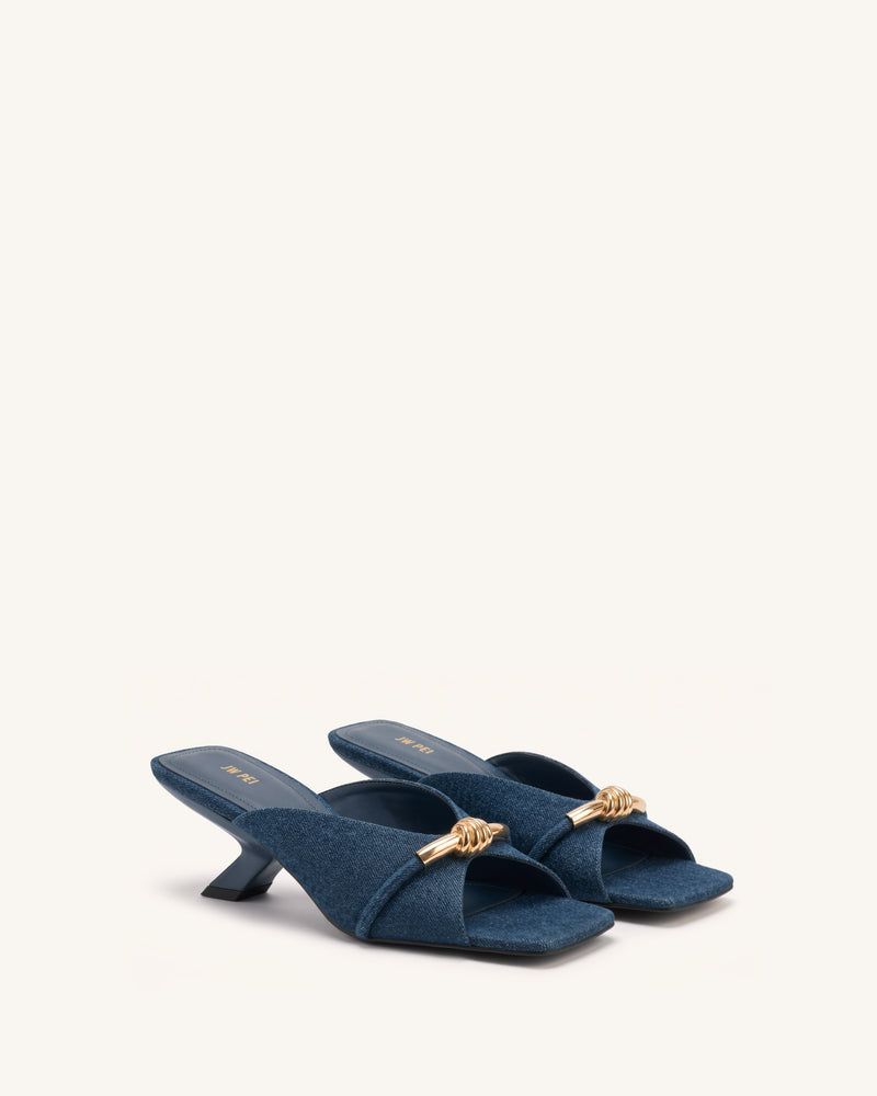Lena Metal Rope Knot Denim Cross-Strap Heeled Sandals - Denim Blue