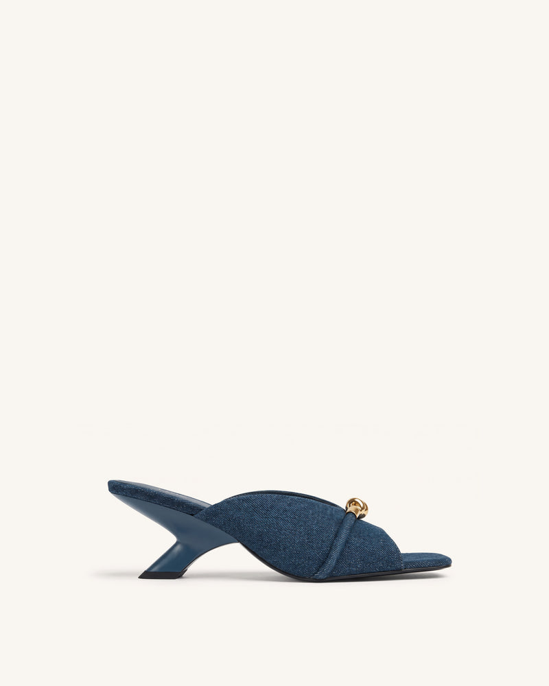 Lena Metal Rope Knot Denim Cross-Strap Heeled Sandals - Denim Blue