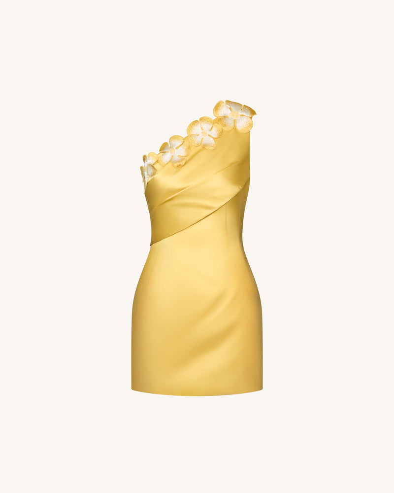 Floral Appliqué One Shoulder Mini Dress - Yellow