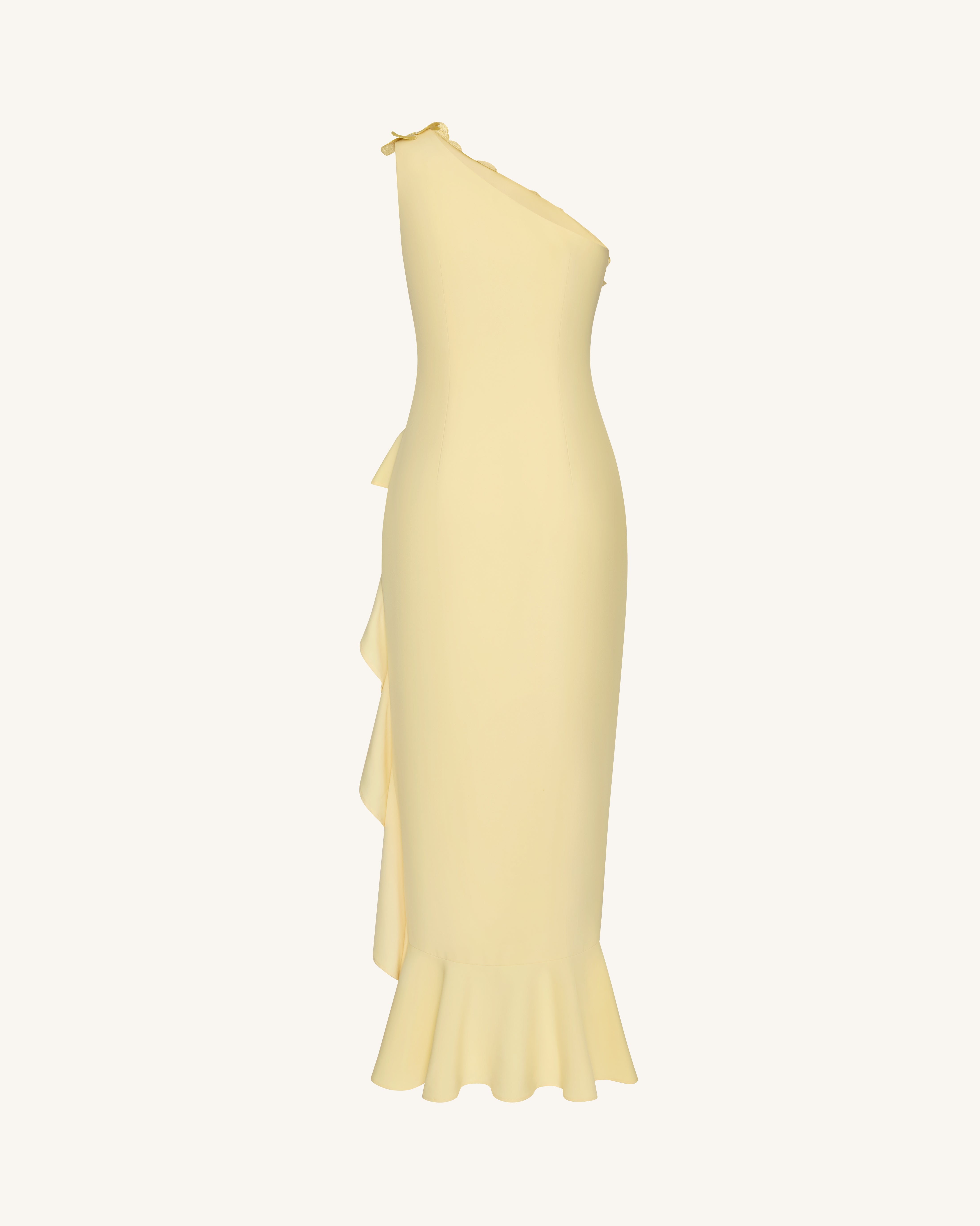 Floral Appliqué One Shoulder Ruffle Slit Dress - Yellow | JW PEI